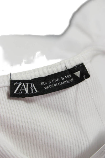 Zara Women Cropped Tank White V Neck Cotton Sleeveless Size S