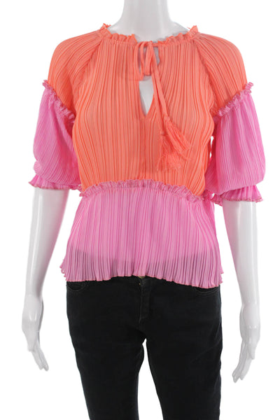 Decker Women Orange Striped 3/4 Sleeve Blouse Drawstring Polyester Size S