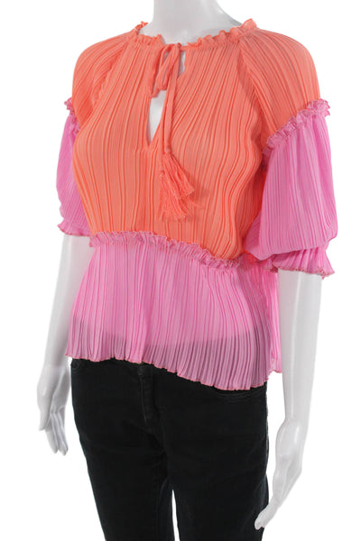 Decker Women Orange Striped 3/4 Sleeve Blouse Drawstring Polyester Size S