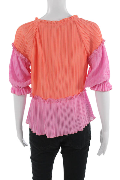 Decker Women Orange Striped 3/4 Sleeve Blouse Drawstring Polyester Size S