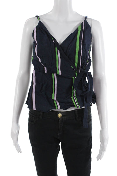 Decker Women Camisole Dark Blue Striped V-Neck Sleeveless Boho Size S