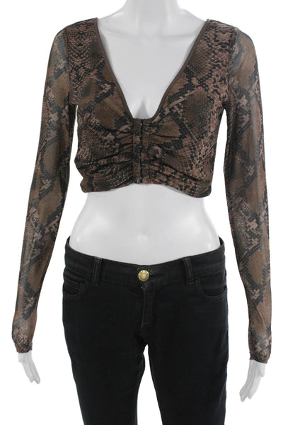 Hours Women Cropped Brown Snake Print V-Neck Long Sleeve Top Size S