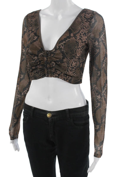 Hours Women Cropped Brown Snake Print V-Neck Long Sleeve Top Size S