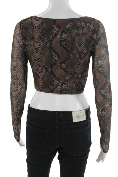 Hours Women Cropped Brown Snake Print V-Neck Long Sleeve Top Size S