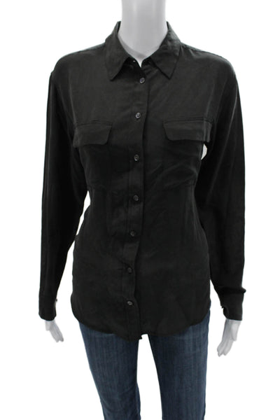 Equipment Femme Women Basic Collared Silk Button-Up Top Black Long Sleeve Size S