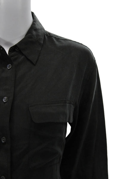 Equipment Femme Women Basic Collared Silk Button-Up Top Black Long Sleeve Size S