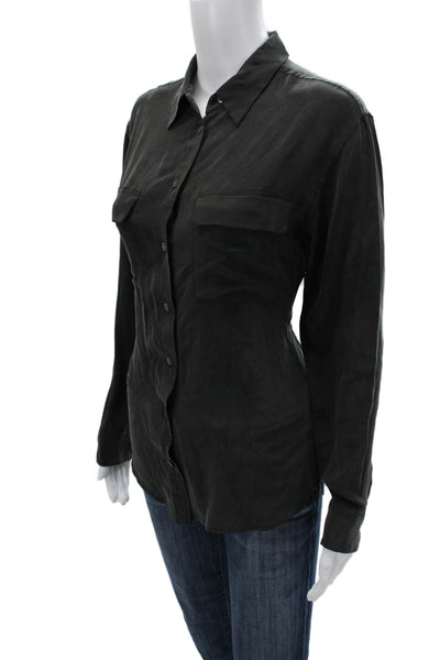 Equipment Femme Women Basic Collared Silk Button-Up Top Black Long Sleeve Size S