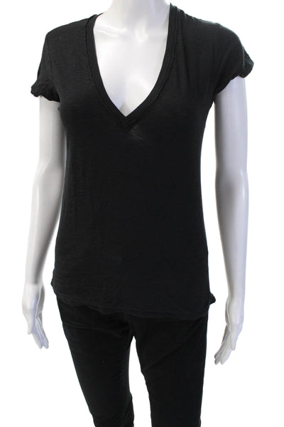 Nation LTD Women Basic V-Neck Black Pima Cotton Short Sleeve T-Shirt Size S