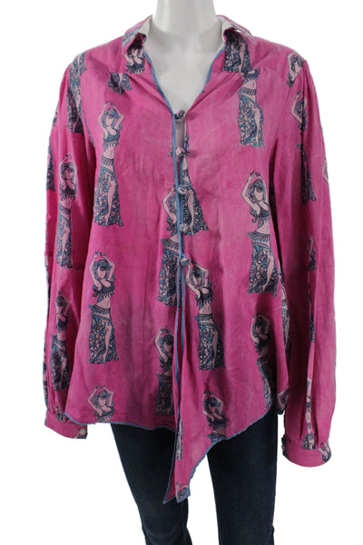 Joey Wolffer Womens Bohemian Collared Button-Up Long Sleeve Pink Cotton Size M