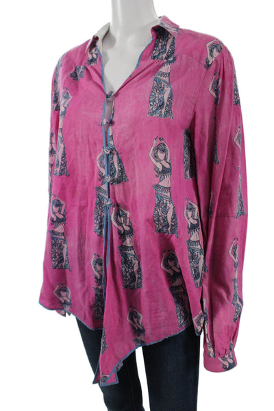 Joey Wolffer Womens Bohemian Collared Button-Up Long Sleeve Pink Cotton Size M