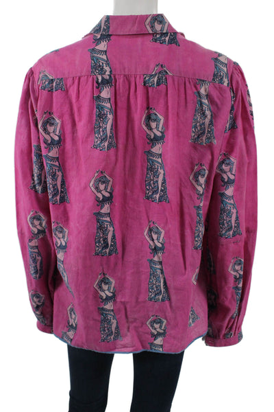 Joey Wolffer Womens Bohemian Collared Button-Up Long Sleeve Pink Cotton Size M