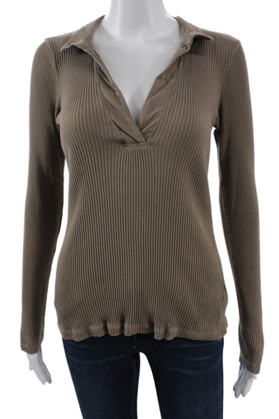 James Perse Women Striped V-Neck Long Sleeve Cotton Top Basic Size 2
