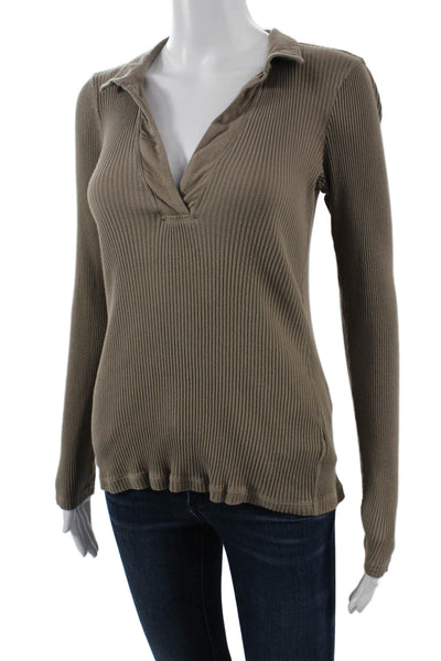 James Perse Women Striped V-Neck Long Sleeve Cotton Top Basic Size 2