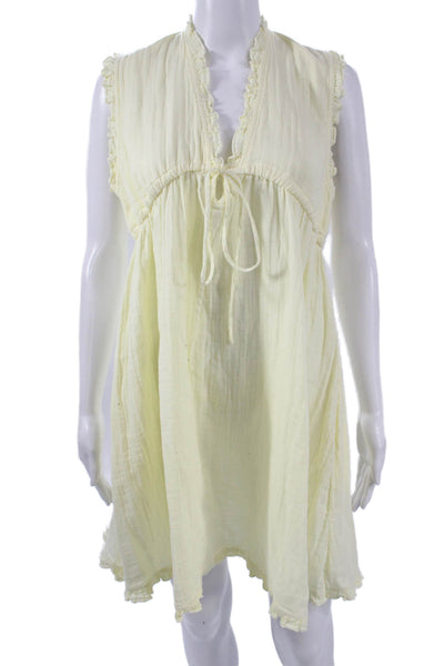 Stark Women Sundress Yellow V-Neck Cotton Sleeveless Knee Length Size M