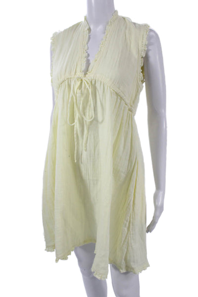 Stark Women Sundress Yellow V-Neck Cotton Sleeveless Knee Length Size M