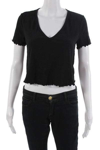 Privacy Please Women Cropped 90s V-Neck Short Sleeve T-Shirt Black Size S