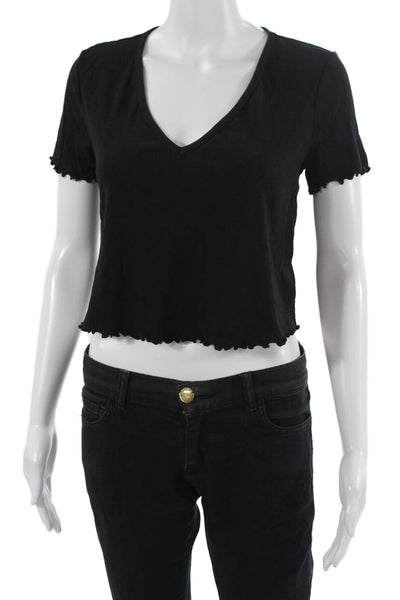 Privacy Please Women Cropped 90s V-Neck Short Sleeve T-Shirt Black Size S