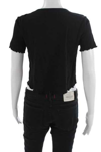 Privacy Please Women Cropped 90s V-Neck Short Sleeve T-Shirt Black Size S