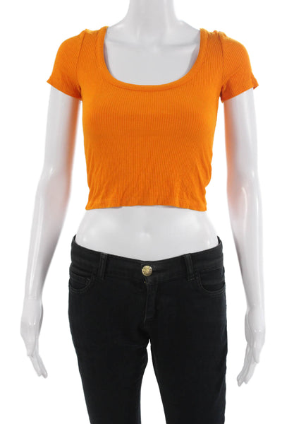 Zara Women Cropped Square Neck T Shirt Orange Short Sleeve Size S