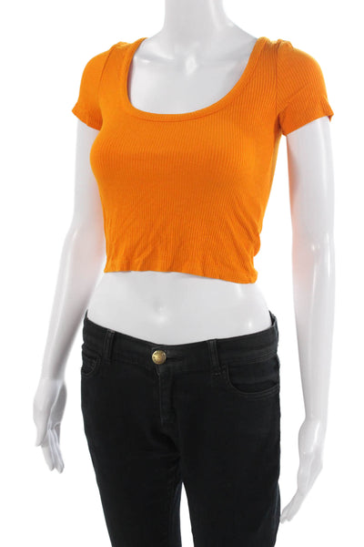 Zara Women Cropped Square Neck T Shirt Orange Short Sleeve Size S