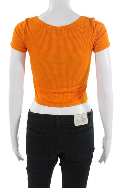 Zara Women Cropped Square Neck T Shirt Orange Short Sleeve Size S