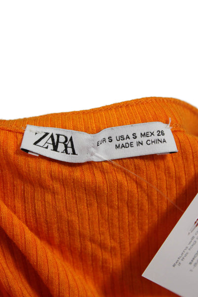 Zara Women Cropped Square Neck T Shirt Orange Short Sleeve Size S