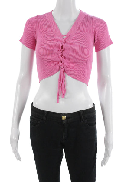 Gab kate Women Cropped V-Neck Lace Up Pink Short Sleeve Top Size S