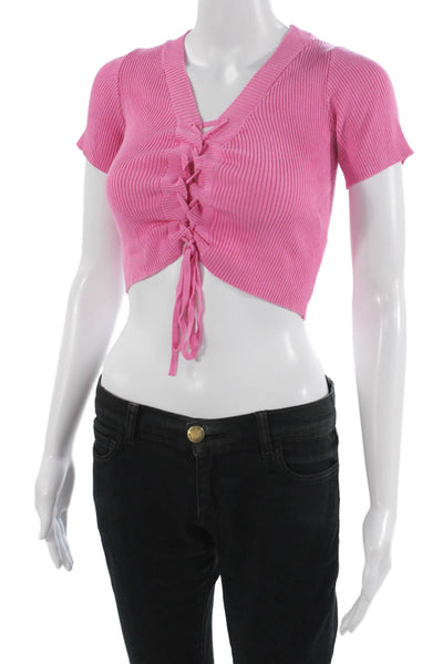 Gab kate Women Cropped V-Neck Lace Up Pink Short Sleeve Top Size S