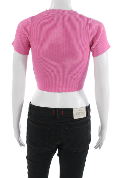 Gab kate Women Cropped V-Neck Lace Up Pink Short Sleeve Top Size S