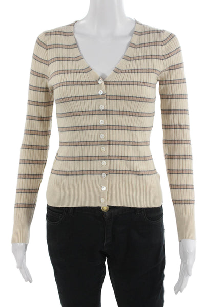 Heartloom Women Cardigan Beige Striped V-Neck Long Sleeve Button Size S