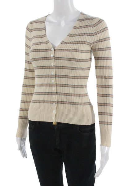 Heartloom Women Cardigan Beige Striped V-Neck Long Sleeve Button Size S