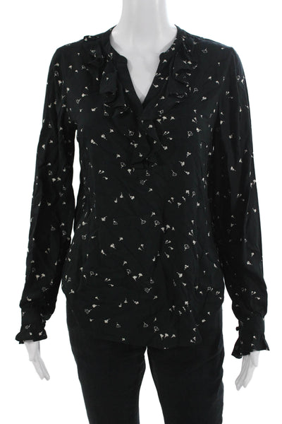 Paige Women Black Floral V-Neck Long Sleeve Rayon Blouse Size S