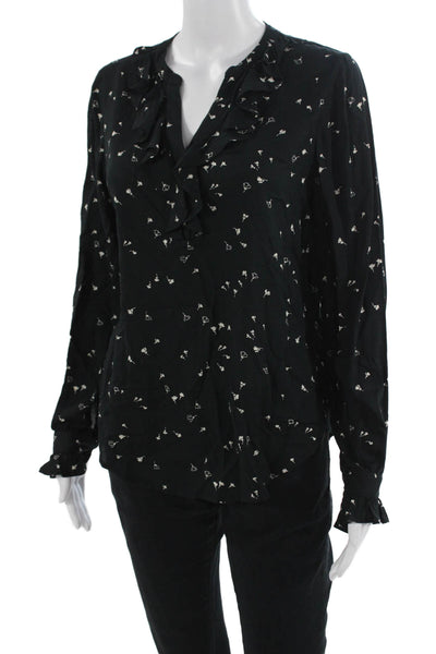 Paige Women Black Floral V-Neck Long Sleeve Rayon Blouse Size S