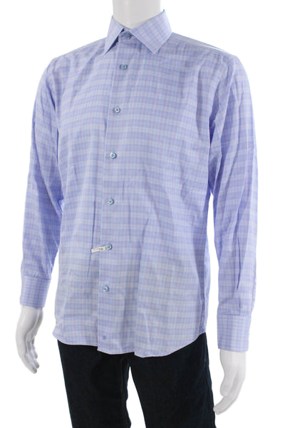 David Donahue Mens Plaid Long Sleeve Button-Front Shirt Blue Size 32/33
