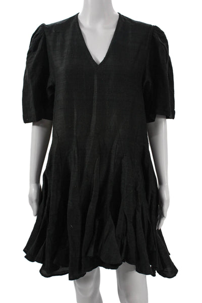 Rhode Womens A-Line Trapeze Swing Dress Black V-Neck Short Sleeve Cotton Size L