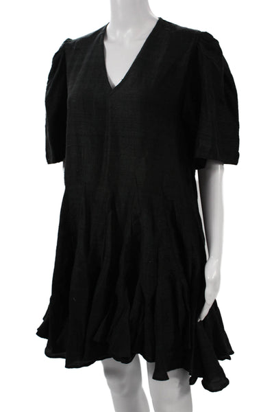 Rhode Womens A-Line Trapeze Swing Dress Black V-Neck Short Sleeve Cotton Size L