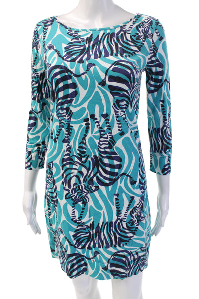 Lilly Pulitzer Women Shift T-Shirt Dress Blue Animal Print 3/4 Sleeve Size XS