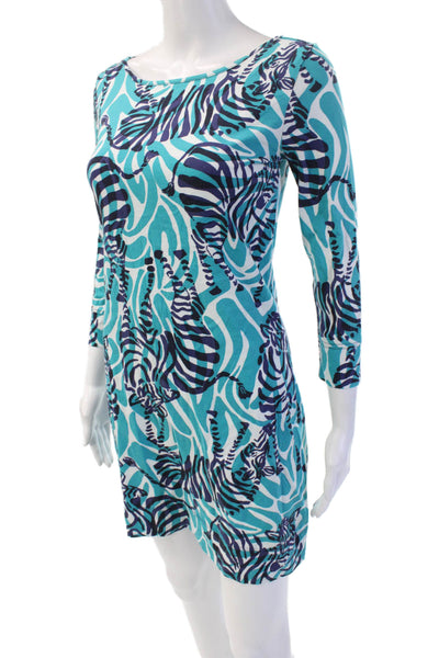 Lilly Pulitzer Women Shift T-Shirt Dress Blue Animal Print 3/4 Sleeve Size XS