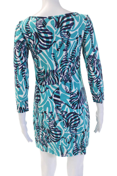 Lilly Pulitzer Women Shift T-Shirt Dress Blue Animal Print 3/4 Sleeve Size XS