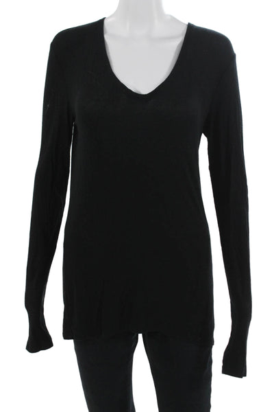 ATM Womens Basic V-Neck Long Sleeve Black Micromodal Top Size L