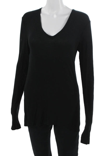 ATM Womens Basic V-Neck Long Sleeve Black Micromodal Top Size L