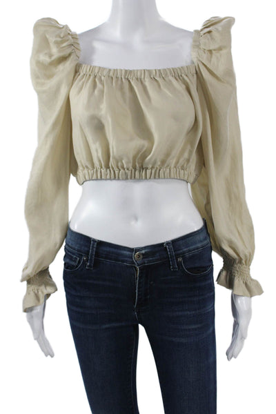 Zara Women Cropped Blouse Beige Square Neck Long Sleeve Lyocell Size L