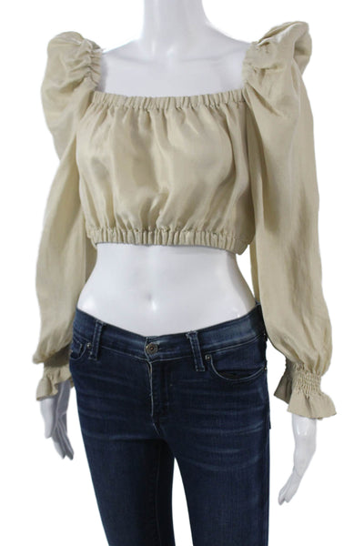 Zara Women Cropped Blouse Beige Square Neck Long Sleeve Lyocell Size L