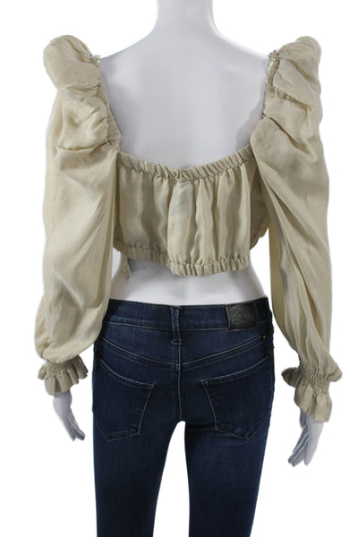 Zara Women Cropped Blouse Beige Square Neck Long Sleeve Lyocell Size L