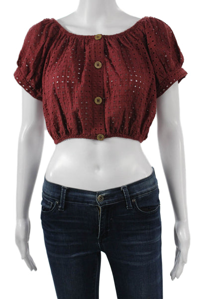 Eberjey Women Red Cropped Button-Up Blouse Short Sleeve Round Neck Size M