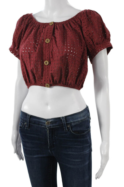 Eberjey Women Red Cropped Button-Up Blouse Short Sleeve Round Neck Size M