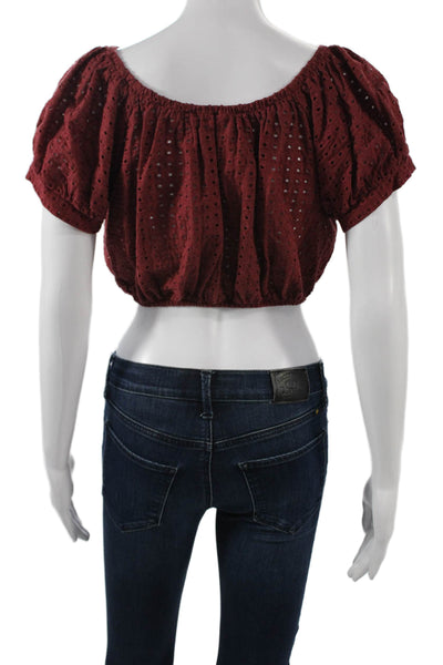 Eberjey Women Red Cropped Button-Up Blouse Short Sleeve Round Neck Size M