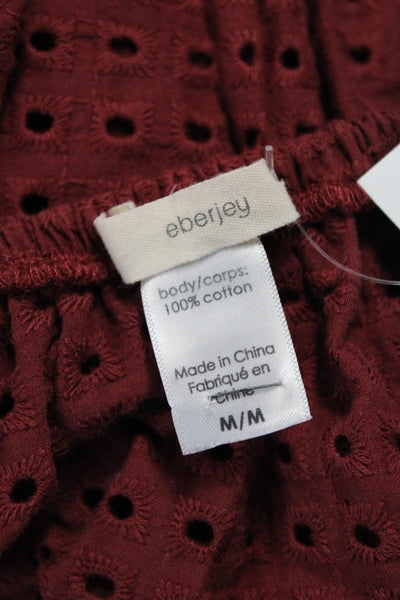Eberjey Women Red Cropped Button-Up Blouse Short Sleeve Round Neck Size M