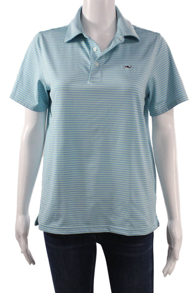 Vineyard Vines Womens Polo Light Blue Striped Short Sleeve Collared Size L