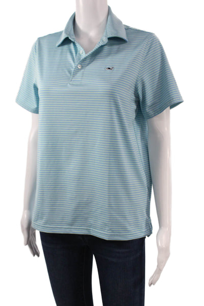 Vineyard Vines Womens Polo Light Blue Striped Short Sleeve Collared Size L